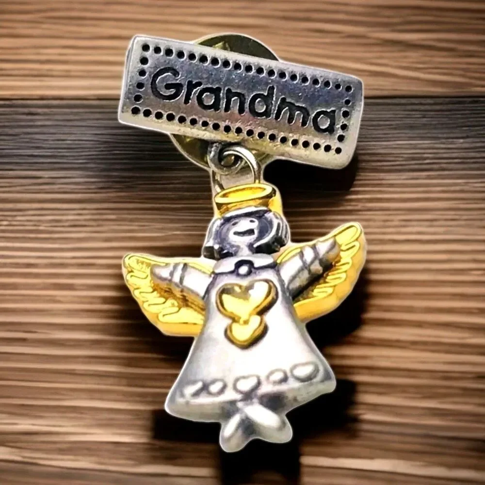 Grandma Angel Pin Brooch Pewter Gold Tone Heart Dangle Sentimental Family Gift